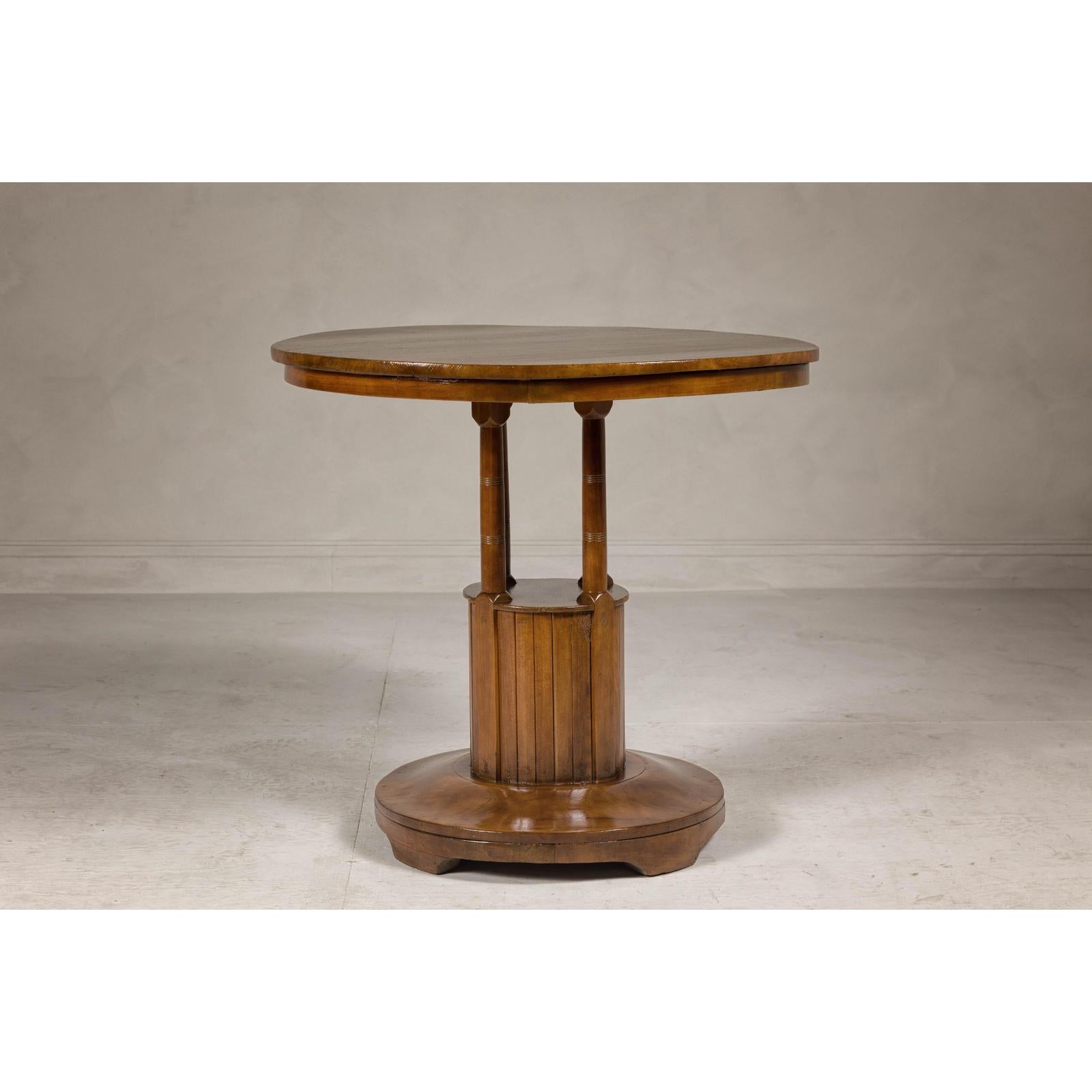 Midcentury Round Top Side Table with Column Supports and Tambour Base
