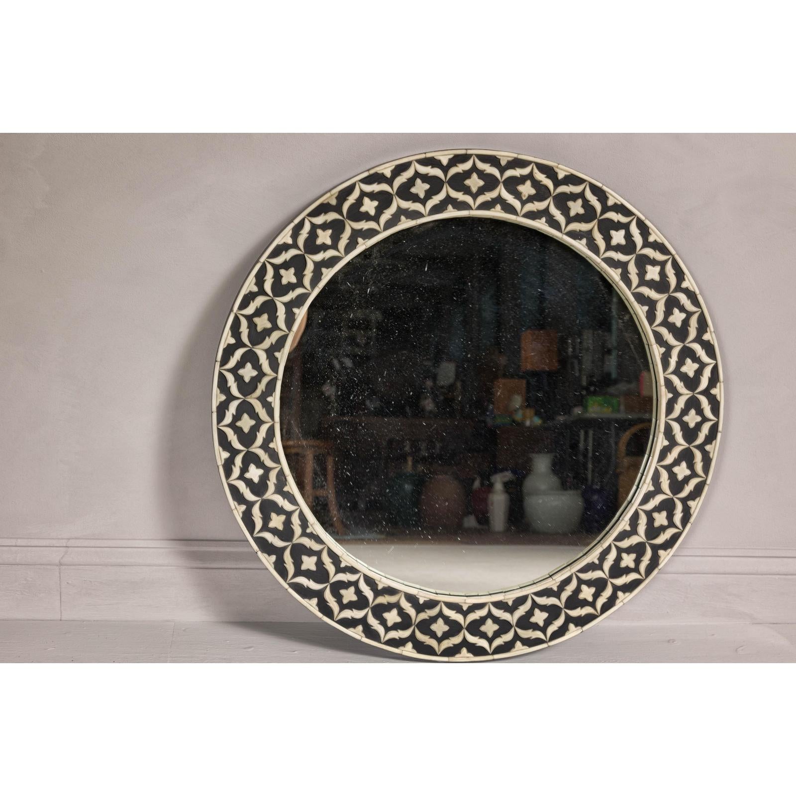 Bone Inlay Black and White Round Mirror with Floral Motifs