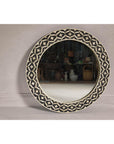 Bone Inlay Black and White Round Mirror with Floral Motifs