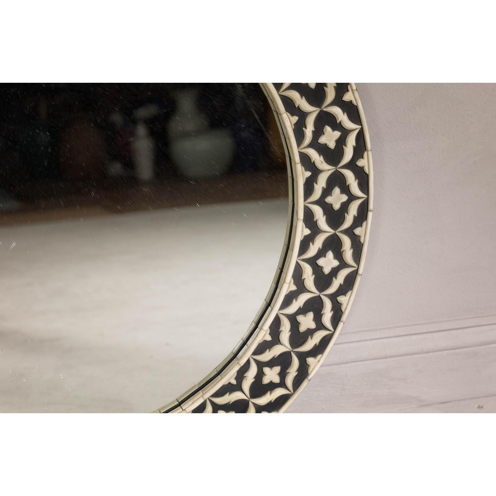 Bone Inlay Black and White Round Mirror with Floral Motifs