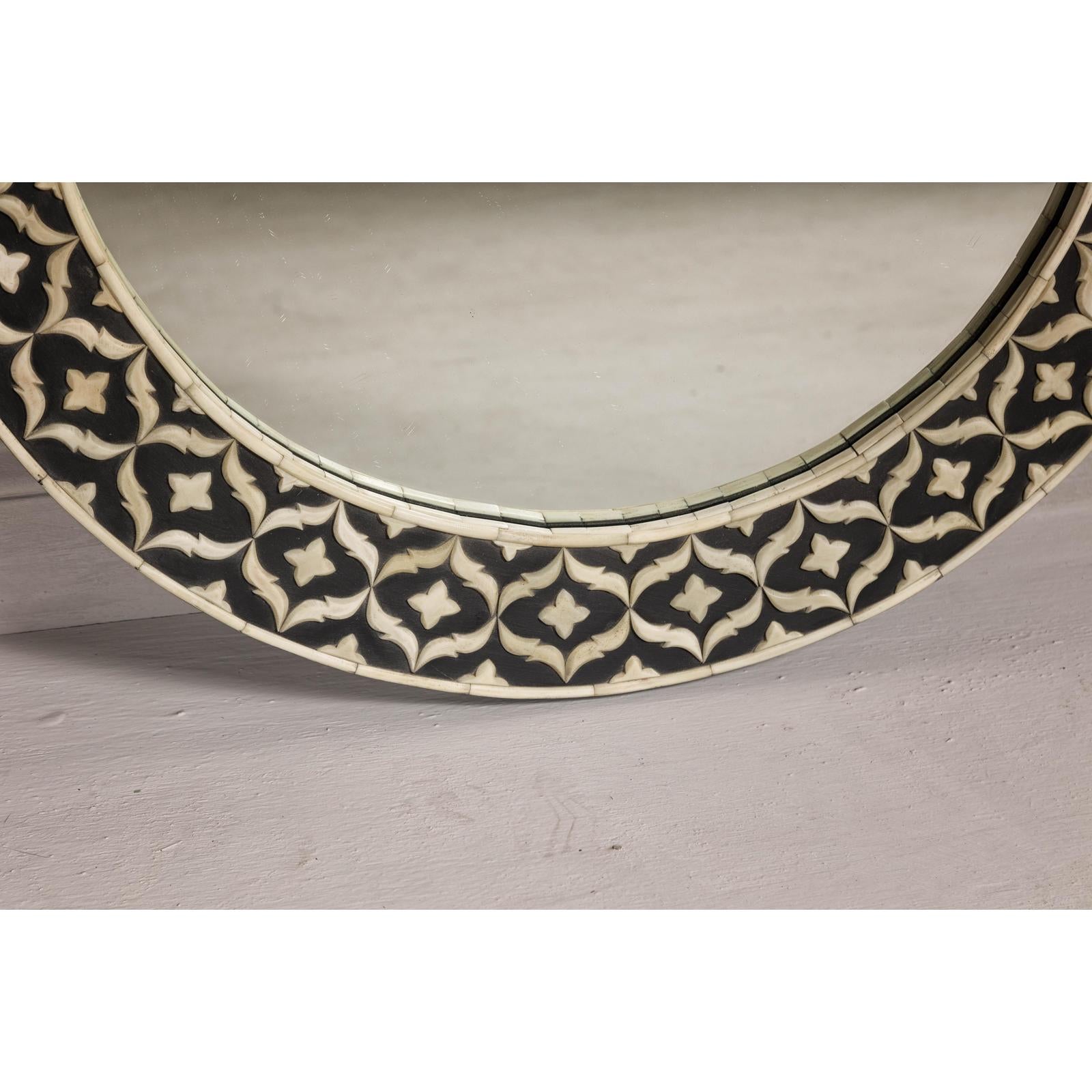 Bone Inlay Black and White Round Mirror with Floral Motifs