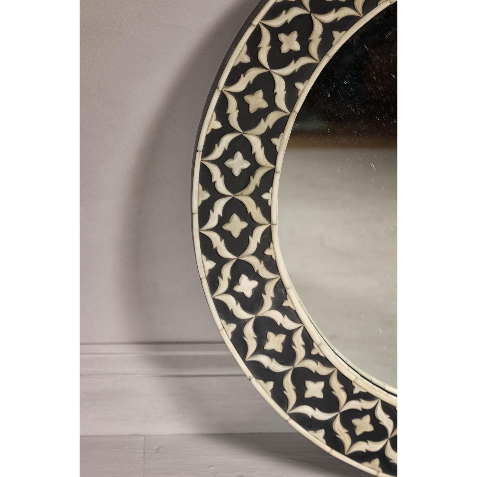 Bone Inlay Black and White Round Mirror with Floral Motifs
