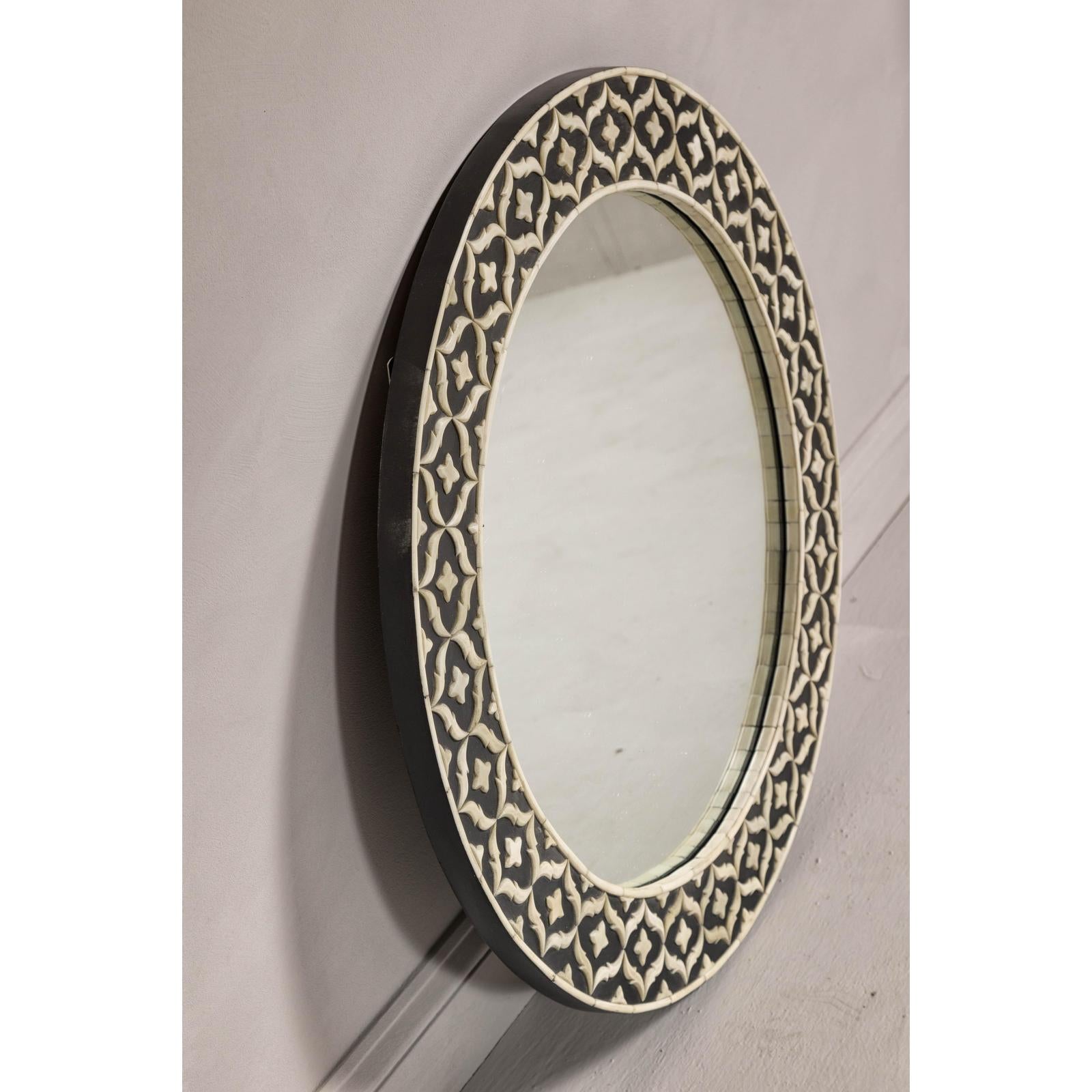 Bone Inlay Black and White Round Mirror with Floral Motifs