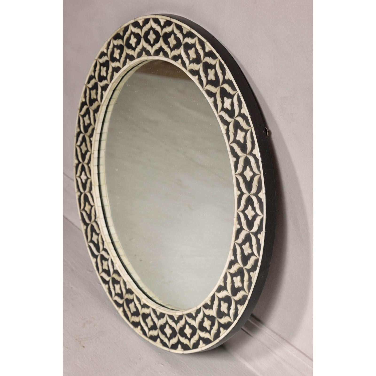 Bone Inlay Black and White Round Mirror with Floral Motifs