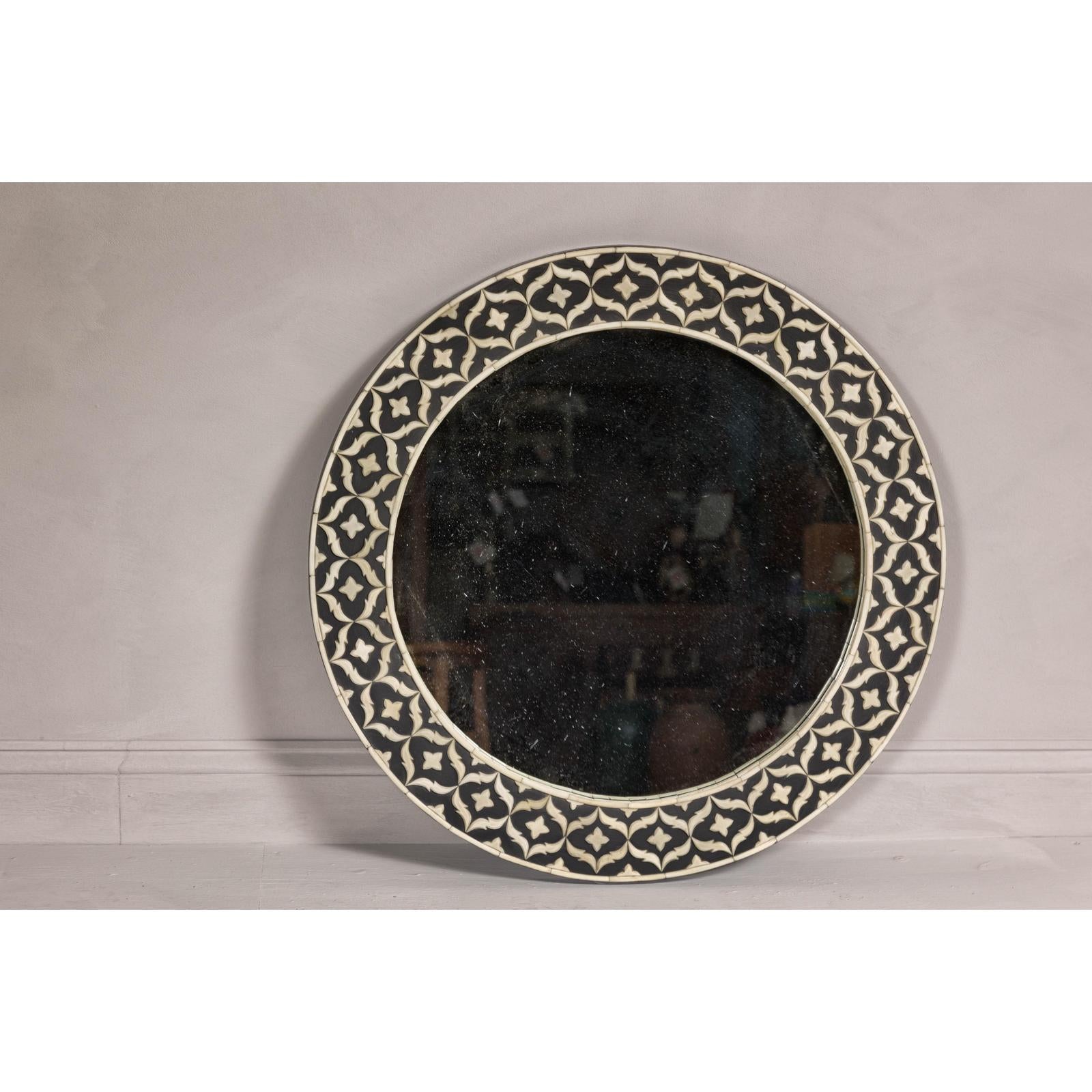 Bone Inlay Black and White Round Mirror with Floral Motifs