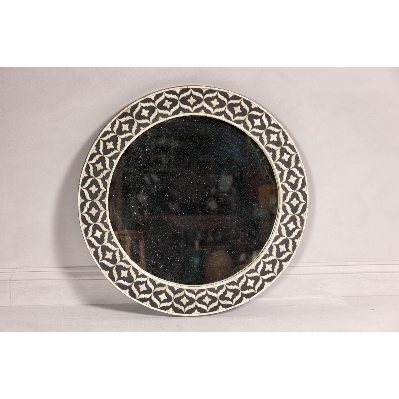 Bone Inlay Black and White Round Mirror with Floral Motifs