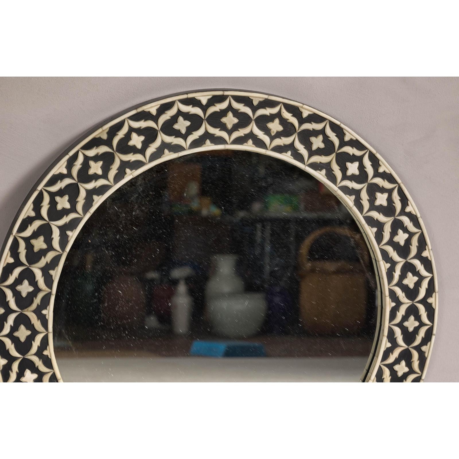 Bone Inlay Black and White Round Mirror with Floral Motifs