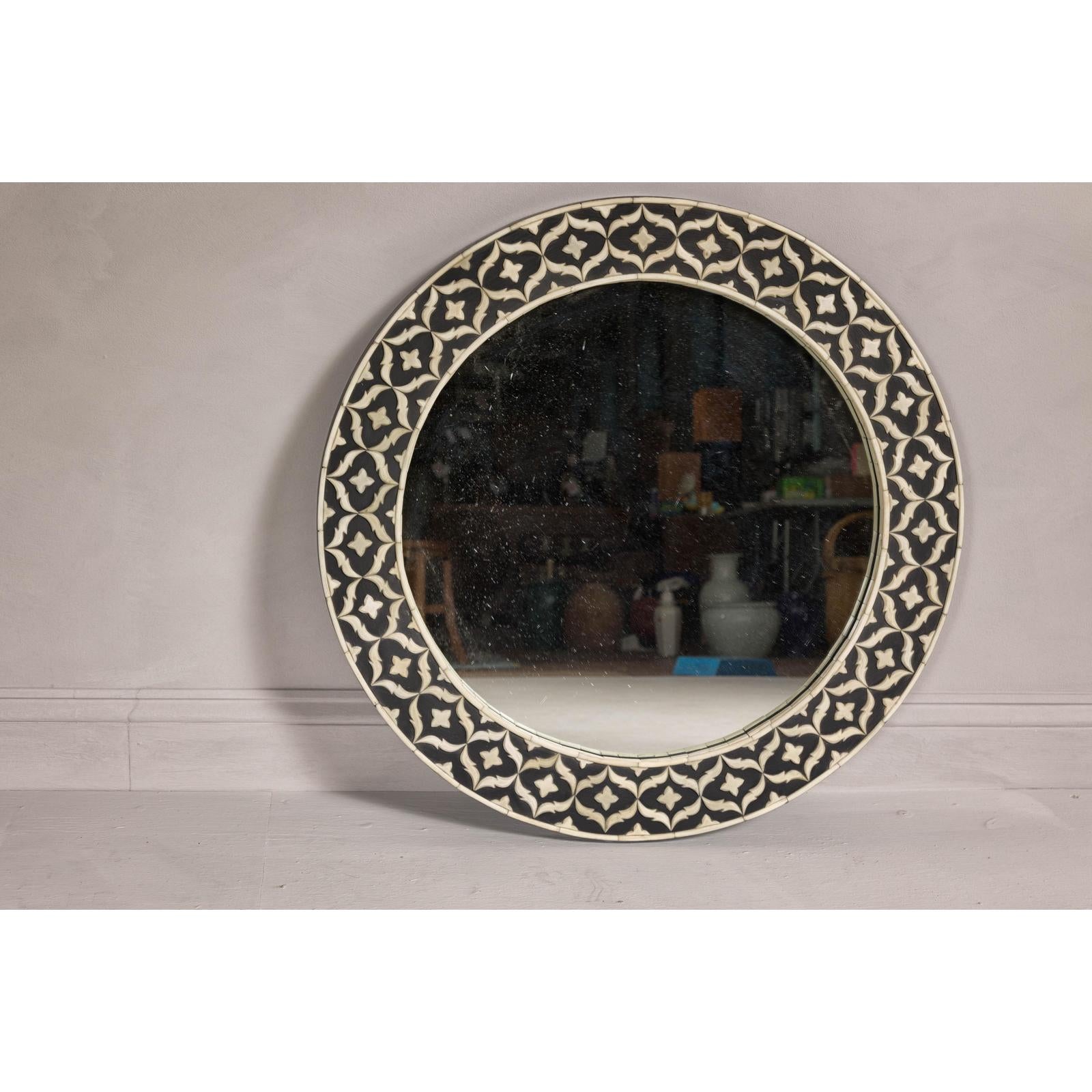 Bone Inlay Black and White Round Mirror with Floral Motifs