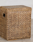 Vintage Woven Rattan Storage Basket with Wood Frame and Lid, close-up detail