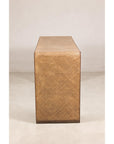 End profile of the narrow waterfall console with woven rattan panel
