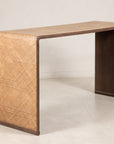 Left angled view of the woven rattan waterfall console