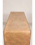 Close-up of the woven rattan tabletop and rounded waterfall edge