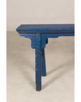 Blue painted wood narrow bench back view