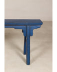 Blue painted wood narrow bench top view
