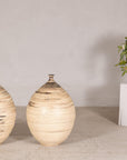 Large cream and brown glazed artisan ceramic floor vase, full object view