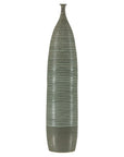 Green glazed ceramic vase with a tall cylindrical ribbed body.