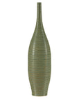 Olive-green ceramic vase with ribbed body and slender neck.