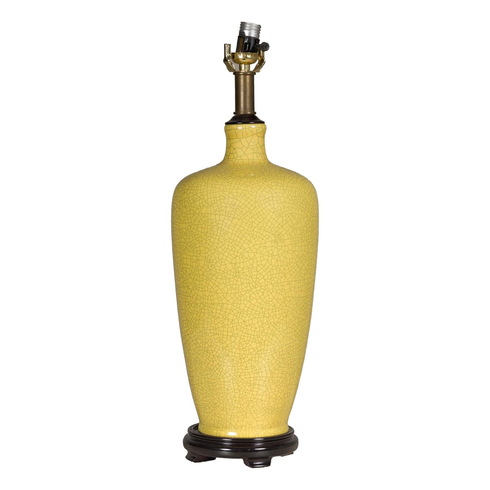 Yellow Crackle Glazed Ceramic Vase with on Wooden Base