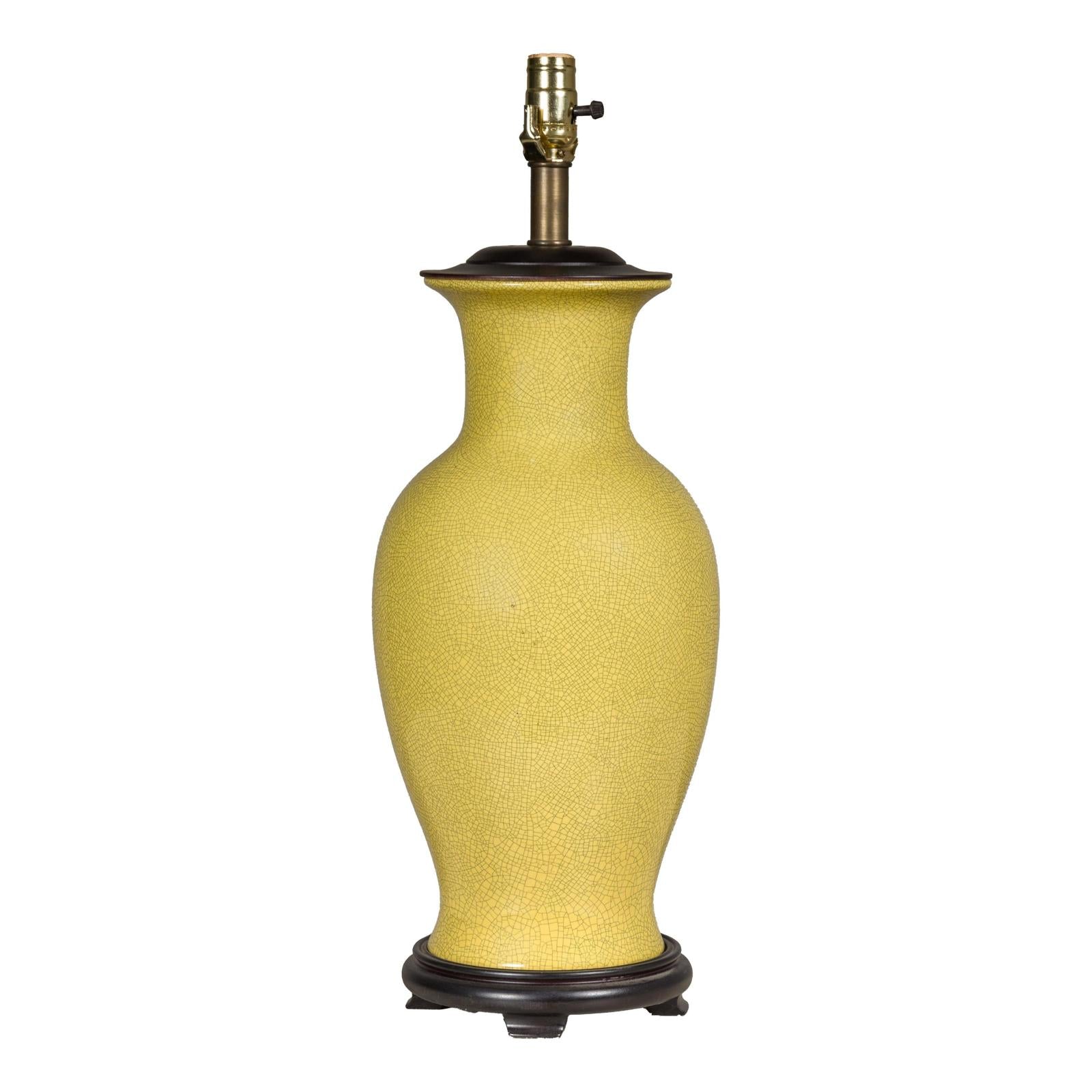 Yellow Crackle Glazed Ceramic Vase with Round Belly on Wooden Base