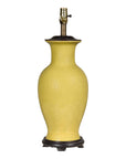 Yellow Crackle Glazed Ceramic Vase with Round Belly on Wooden Base