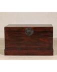 Antique Reddish Brown Lacquered Elm Trunk with Brass Lock and Raised Base