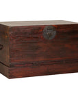 Antique Reddish Brown Lacquered Elm Trunk with Brass Lock and Raised Base