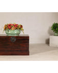 Antique Reddish Brown Lacquered Elm Trunk with Brass Lock and Raised Base