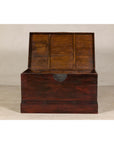 Antique Reddish Brown Lacquered Elm Trunk with Brass Lock and Raised Base