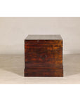 Antique Reddish Brown Lacquered Elm Trunk with Brass Lock and Raised Base