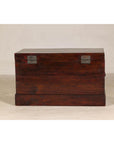 Antique Reddish Brown Lacquered Elm Trunk with Brass Lock and Raised Base