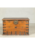 Antique Wooden Trunk with Ornamental Metalwork and Brass Hardware
