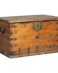 Antique Wooden Trunk with Ornamental Metalwork and Brass Hardware
