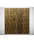 Black and Gold Four-Panel Screen Divider with Repeating Floral Motif-2. Asian & Chinese Furniture, Art, Antiques, Vintage Home Décor for sale at FEA Home