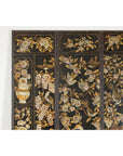Black and Gold Four-Panel Screen with Cranes, Blossoms, and Nailhead Detail-5. Asian & Chinese Furniture, Art, Antiques, Vintage Home Décor for sale at FEA Home