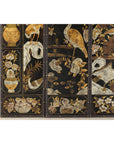 Black and Gold Four-Panel Screen with Cranes, Blossoms, and Nailhead Detail-7. Asian & Chinese Furniture, Art, Antiques, Vintage Home Décor for sale at FEA Home