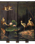 Black Lacquer Four-Panel Hand-Painted Screen with Red-Crown Cranes -Vintage-1. Asian & Chinese Furniture, Art, Antiques, Vintage Home Décor for sale at FEA Home