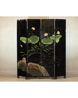 Black Lacquer Four-Panel Hand-Painted Screen with Red-Crown Cranes -Vintage-20. Asian & Chinese Furniture, Art, Antiques, Vintage Home Décor for sale at FEA Home
