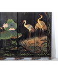 Black Lacquer Four-Panel Hand-Painted Screen with Red-Crown Cranes -Vintage-7. Asian & Chinese Furniture, Art, Antiques, Vintage Home Décor for sale at FEA Home
