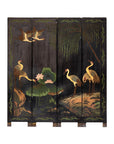 Black Lacquer Four-Panel Hand-Painted Screen with Red-Crown Cranes -Vintage-9. Asian & Chinese Furniture, Art, Antiques, Vintage Home Décor for sale at FEA Home