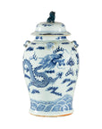 Blue and White Chinese Lidded Jar with Dragon and Foo Dog Finial-19. Asian & Chinese Furniture, Art, Antiques, Vintage Home Décor for sale at FEA Home