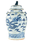 Blue and White Chinese Lidded Jar with Dragon and Foo Dog Finial-1. Asian & Chinese Furniture, Art, Antiques, Vintage Home Décor for sale at FEA Home