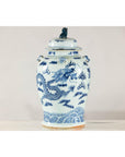 Blue and White Chinese Lidded Jar with Dragon and Foo Dog Finial-6. Asian & Chinese Furniture, Art, Antiques, Vintage Home Décor for sale at FEA Home