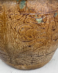 Brown Glazed Ceramic Planter with Carved Relief Pattern - FEA Home