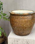 Brown Glazed Ceramic Planter with Carved Relief Pattern - FEA Home