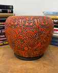 Burnt Orange Cinnabar Hibachi with Hand-Carved Designs - FEA Home