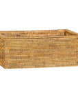 Brown rattan long rectangular storage box with lid, country style, on a white background.
