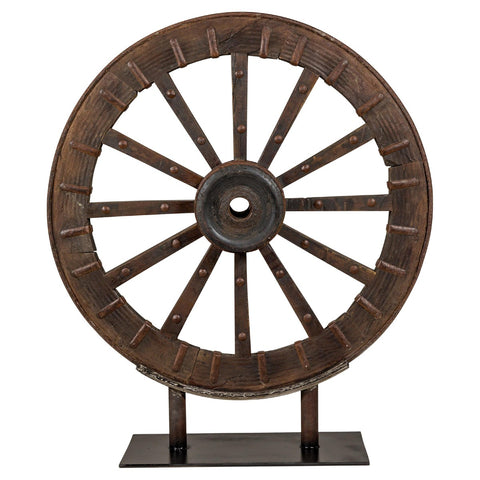 Antique Mounted Wood and Metal Wheel Welded to a Custom Metal Base-YN8042-1. Asian & Chinese Furniture, Art, Antiques, Vintage Home Décor for sale at FEA Home