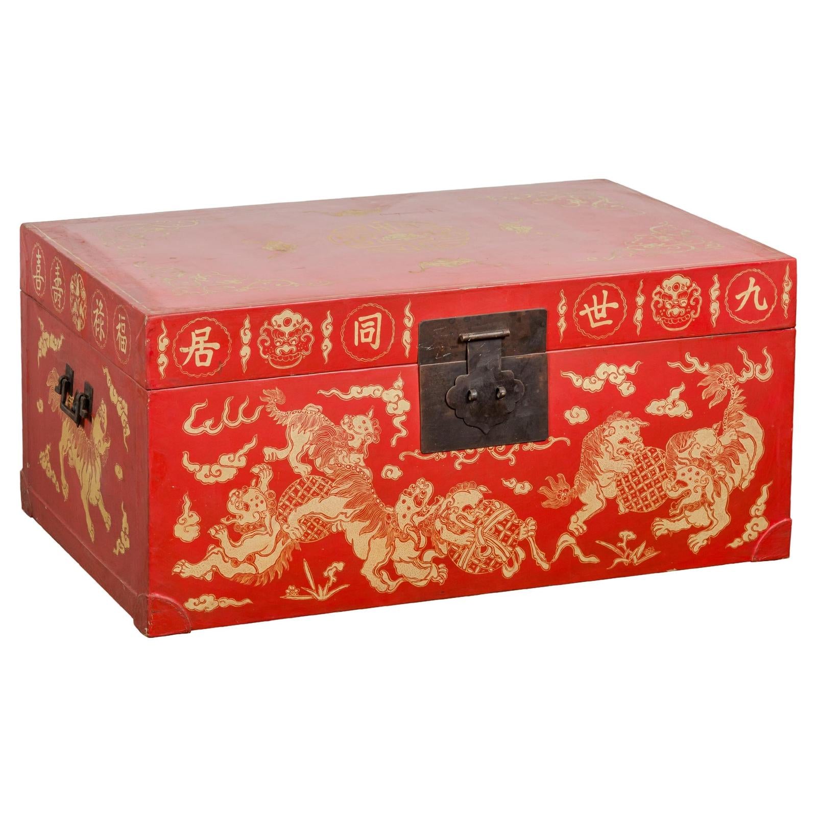 Red Blanket Chest with Gilded Bat & Guardian Lion Motifs