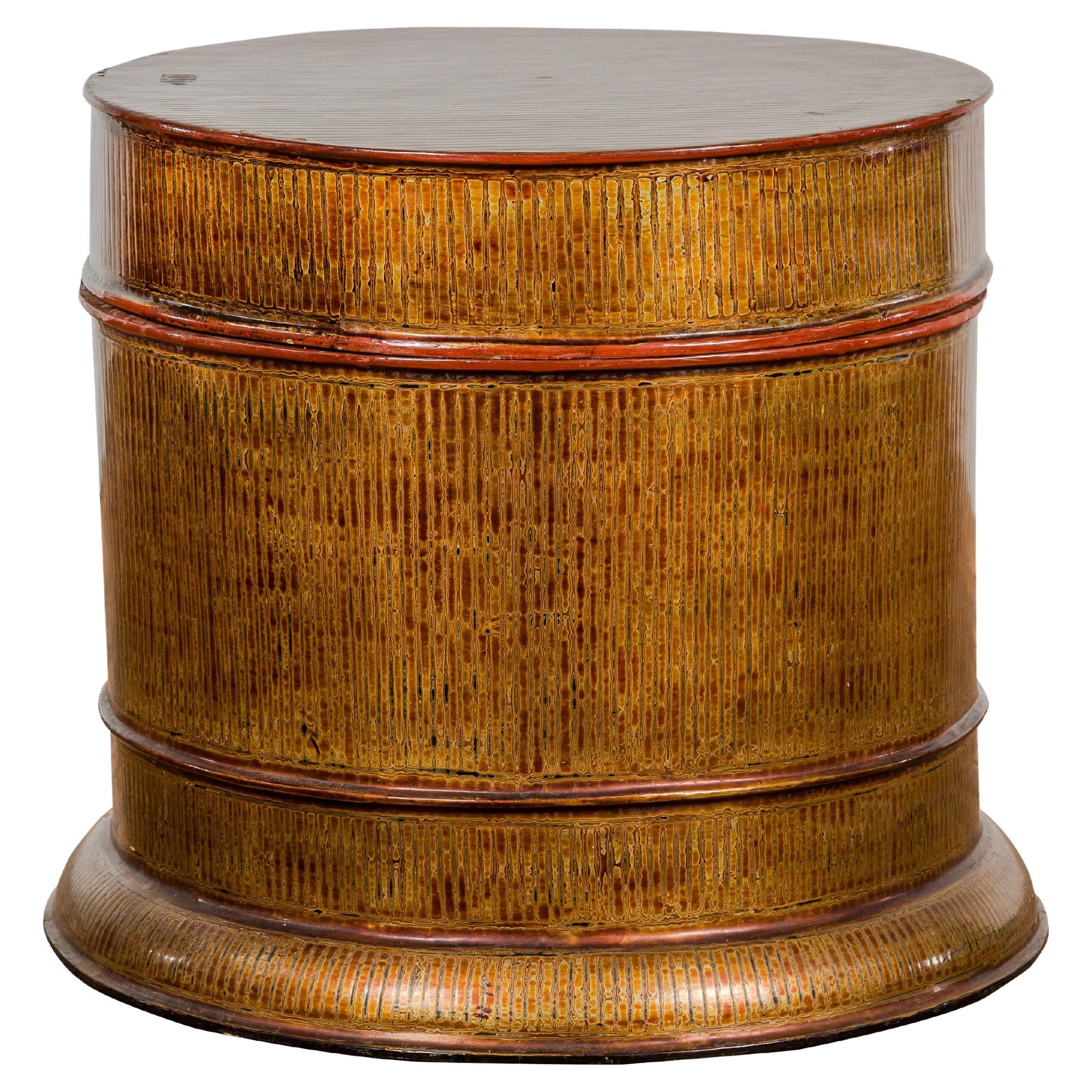 Burmese Vintage Negora Lacquer Circular Storage Bin with Vertical Stripes-18. Asian & Chinese Furniture, Art, Antiques, Vintage Home Décor for sale at FEA Home