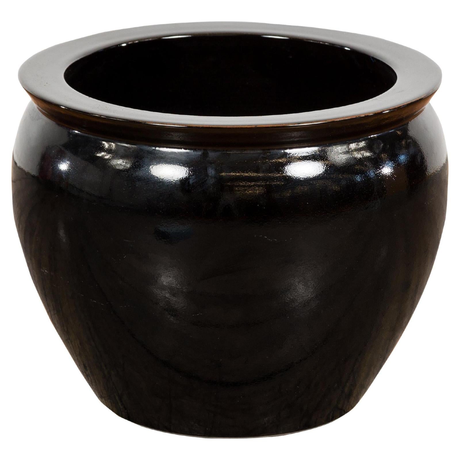 Round Vintage Black Glazed Ceramic Planter